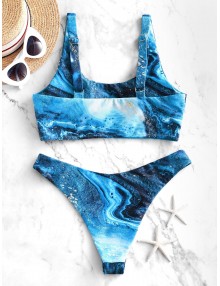  Cutout Ocean Print High Leg Bikini Swimsuit - Lapis Blue L