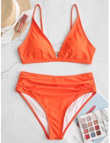  Ruched High Waisted Bikini Swimsuit - Pumpkin Orange L
