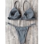 Spaghetti Straps Plunge Thong Bikini Set - Gray S