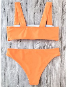 Padded Wide Straps Bandeau Neon Bikini Set - Neon Orange S