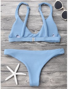 Low Waisted Padded Scoop Bikini Set - Light Blue M
