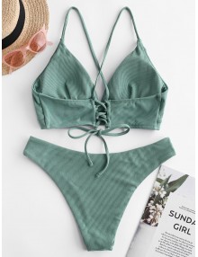  Ribbed Lace Up Cami Bikini Swimwear - Sea Turtle Green S