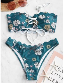  Floral Lace-up Scalloped Bandeau Bikini Swimsuit - Peacock Blue S