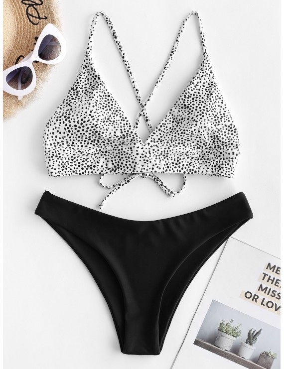 Dalmatian Dot Crisscross High Leg Bikini Swimsuit - Black S