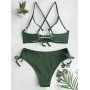  Ribbed Cinched Lace-up Underwire Bikini Swimsuit - Medium Forest Green L
