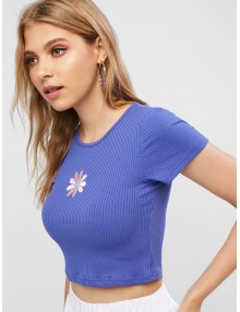 Ribbed Cropped Floral Embroidered Tee - Blue M