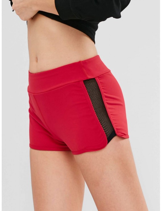  Fishnet Color Block Shorts - Red S