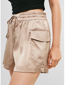 High Waist Pockets Solid Wide Leg Shorts - Camel Brown M