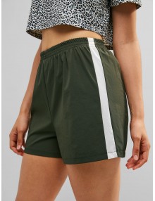  Color Block High Waisted Shorts - Dark Forest Green M