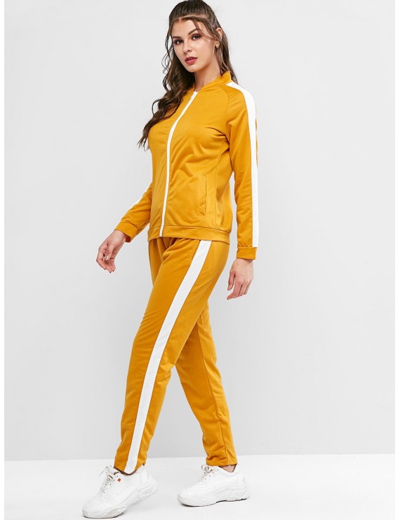 Two Tone Raglan Sleeves Pockets Tracksuit - Golden Brown L