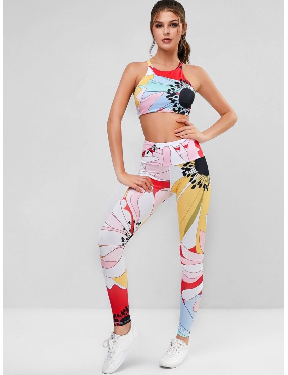 Colorful Print Padded Cross Caged Two Piece Gym Suit - Multi M