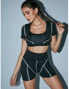 Cropped Scoop Top And Biker Shorts Sports Suit - Black M