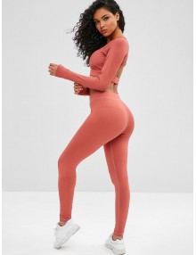 Cut Out Crop Gym Tee And Leggings Suit - Chestnut Red L