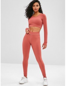 Cut Out Crop Gym Tee And Leggings Suit - Chestnut Red L