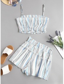 Two Piece Knotted Stripes Paperbag Shorts Set - Blue S
