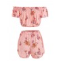 Tassels Floral Off Shoulder Top And Shorts Set - Orange Pink L