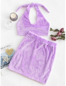 Two Piece Fluffy Faux Shearling Top And Skirt Set - Mauve S