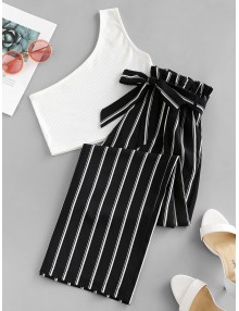  One Shoulder Striped Belted Two Pieces Suit - Multi M