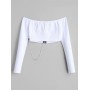 Chain Ribbed Off Shoulder Zip Up Top - White M