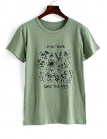 Floral Save The Bees Graphic Basic T Shirt - Green M