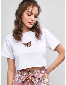 Raw Hem Butterfly Embroidered Cropped Tee - White S