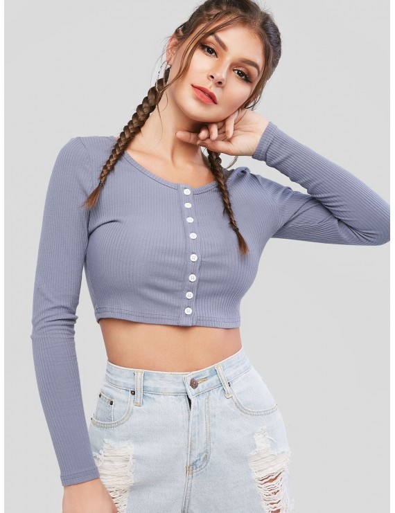  Button Up Ribbed Crop Tee - Blue Gray M