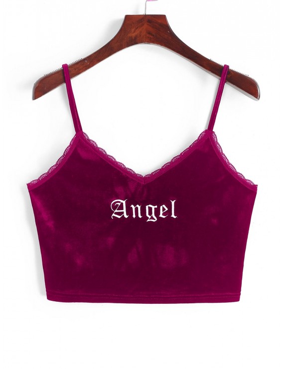  Angel Embroidery Lace Trim Velvet Top - Red Wine S