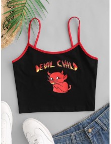 Cartoon Devil Child Crop Ringer Cami Top - Black S