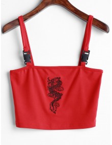 Dragon Embroidered Buckle Straps Tank Top - Red S