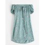 Off Shoulder Bowknot Floral Print Dress - Dark Sea Green L