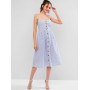 Button Up Pockets Striped Cami Dress - Denim Blue L