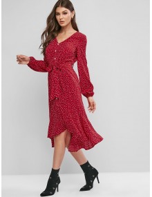  Buttons Printed Belted High Low Dress - Lava Red S
