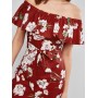 Flounce Off Shoulder Flower Print Mermaid Belted Dress - Multi Xl