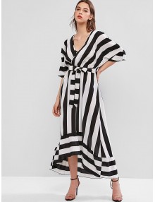 Striped Surplice Plunge High Low Tied Waist Dress - Multi-a M