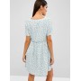  Floral Print Lace Up A Line Dress - Turquoise M