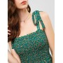  Ditsy Floral Tie Shoulder Smocked Midi Dress - Greenish Blue M