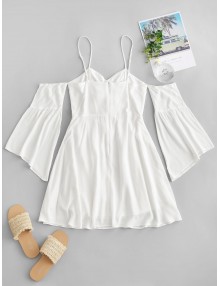  Cold Shoulder Flare Sleeve Cinched Mini Dress - Milk White S