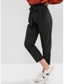Belted High Waisted Straight Pants - Black S