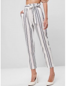 Belted Stripes Cuffed Hem Paperbag Pants - White M