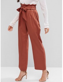  High Waisted Wide Leg Belted Paperbag Pants - Chestnut Red Xl