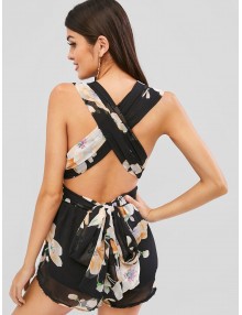 Knotted Floral Criss Cross Romper - Black S