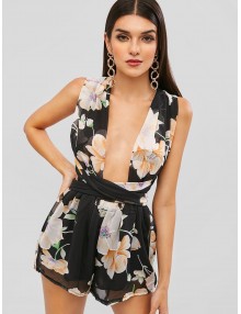 Knotted Floral Criss Cross Romper - Black S