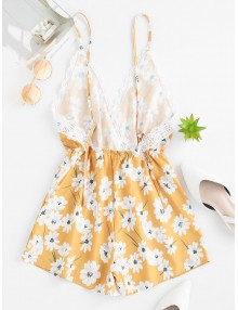 Lace Trim Scalloped Floral Criss Cross Romper - Yellow M