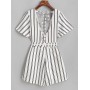 Belted Open Back Cut Out Stripes Romper - White M