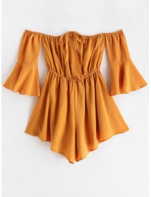 Tied Collar Flare Sleeve Off Shoulder Romper - Yellow M