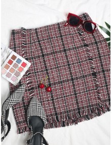  Plaid Frayed Tweed Mini Skirt - Ruby Red S