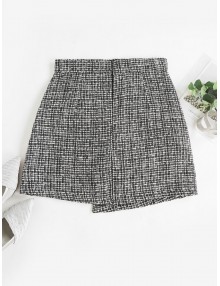 Overlap Buttoned Plaid Tweed Skirt - Black Xl