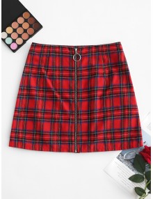  Front Zip Plaid Mini Skirt - Red Wine L