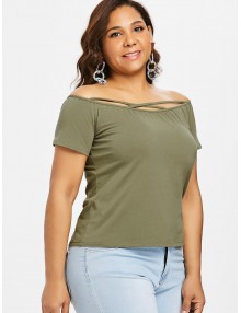 Cross Strap Off Shoulder Plus Size Tee - Army Green 4x