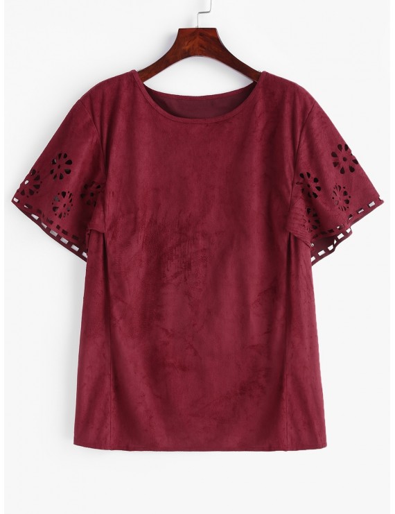 Openwork Faux Suede Plus Size Tee - Red Wine 1x